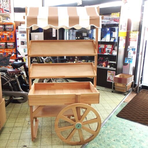 ★愛知ディスプレイ★イベントワゴン 木製什器 木製陳列棚 マルシェワゴン 出店 屋台 店頭販売　車輪付き/自走可