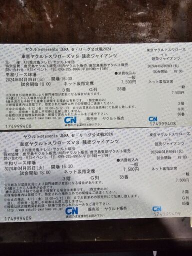 4/9 ヤクルトVS巨人 平和リース球場 チケット