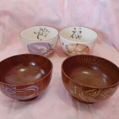 神田川 料理道場　陶器 碗 2個　木製  碗 2個 合計 4個 ...