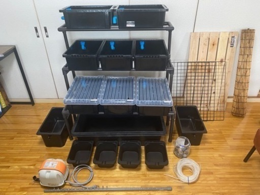 メダカ飼育ラック、NVボックス#13×8個、エアーポンプAP-30P、トロ舟60リットル、テトラ メダカ鉢 40 黒×２個、その他