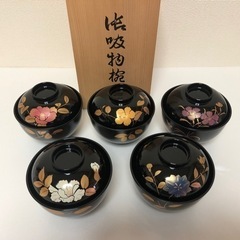 ①【未使用】花違い蒔絵 会津塗 吸物椀5客セット　木箱入　汁椀