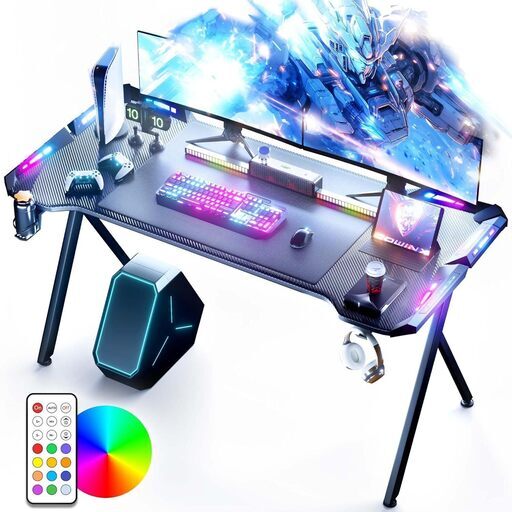 組立済み　新品　 Dowinx ゲーミングデスク 幅120cm LED付き デスク 机 パソコンデスク pc組立済み　新品　クデスク ゲーミングテーブル ゲームデスク マウスパッド付き K字脚 炭素繊維天板 カップホルダー