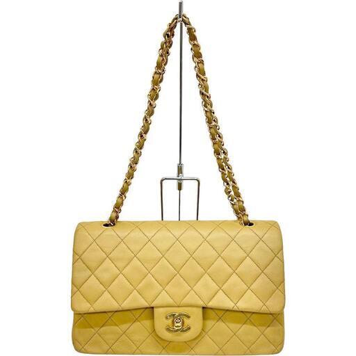 【CHANEL/シャネル】 WフラップWチェーンショルダー ギャラ有/シール有 ショルダーバッグ ラムスキン イエローベージュ/ベージュ/ゴールド金具 レディース【中古】【真子質店】【BL】【TMiYx】