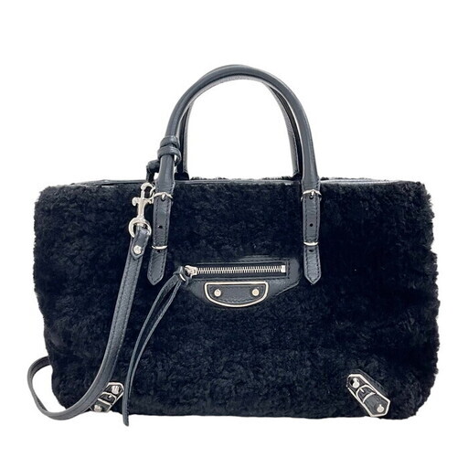 【BALENCIAGA/バレンシアガ】 387477 ペーパー ミニ ショルダーバッグ 2way   ハンドバッグ ムートン/レザー ブラック レディース【中古】【真子質店】【GD】【DMoY】