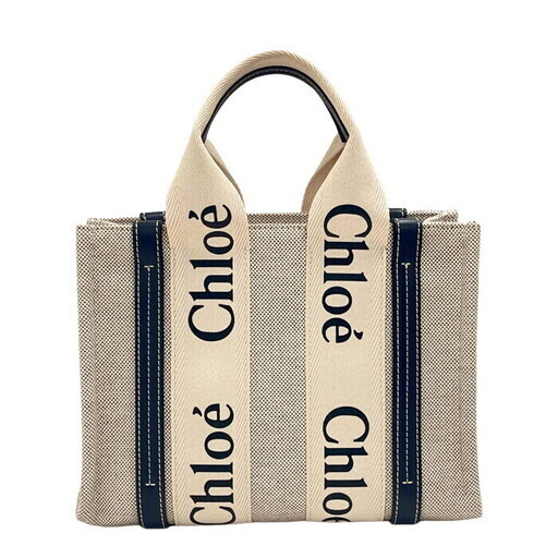 【Chloe/クロエ】 WOODY スモールトートバッグ CHC21US385E6691J 2WAY トートバッグ  ハンドバッグ リネン/レザー アイボリー/ブラック レディース【中古】【真子質店】【BL】【KDMi】