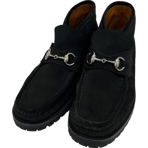 【GUCCI/グッチ】 ホースビット ショートブーツ ブーツ スウェード ブラック/シルバー金具 メンズ【中古】【真子質店】【GD】【Txx】