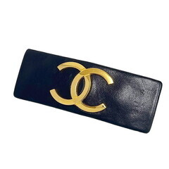 CHANEL バレッタ濃紺レザー ダブルCロゴ ボウ バレッタ - シルク ジャカード、ブラック & エクリュ
