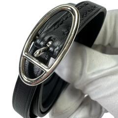 【HERMES/エルメス】 オーバルバックル ブレスレット レザー/メタル 9.5g ブラック/シルバー金具 レディース【中古】【真子質店】【BL】【IYx】