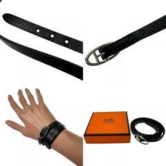 【HERMES/エルメス】 オーバルバックル ブレスレット レザー/メタル 9.5g ブラック/シルバー金具 レディース【中古】【真子質店】【BL】【IYx】