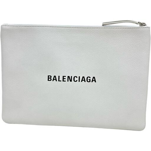 【BALENCIAGA/バレンシアガ】 ロゴ入り　フラットスリム 485110  クラッチバッグ レザー ホワイト メンズ【中古】【真子質店】【GD】【Maxx】