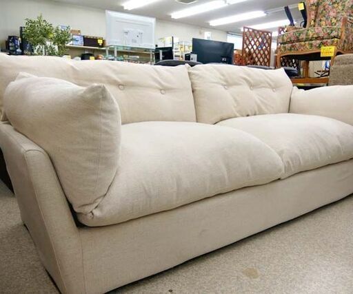 現状品 2人掛けソファ 幅200cm 生成り色 白色系 ファブリック 