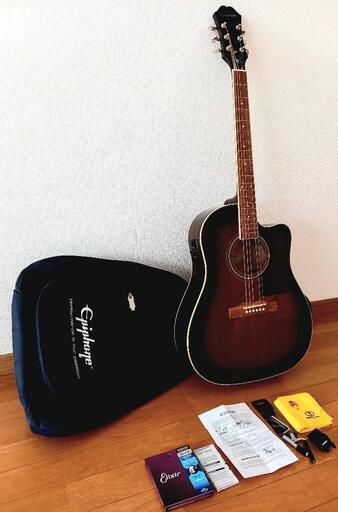 美品 Epiphone エピフォン アコースティックギター ソフトケース 小物 YAMAHA チューナー ピック 弦 セット！！できるだけ早く取りに来ていただける方、優先いたします。