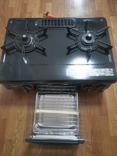 ★★美品★★ガスコンロ プロパン ホーロー 幅56cm 左強火力 2口 据置 リンナイ 水無し片面焼き ブラック Rinnai