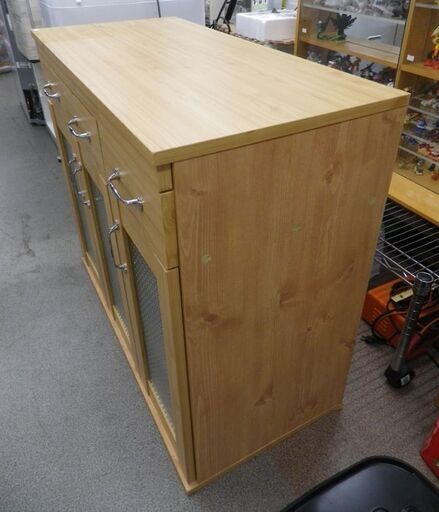 キッチンカウンター ブラウン系 幅90㎝ チェッカーガラス 食器棚