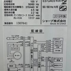 6ヶ月保証付き！！　洗濯機　シャープ　ES-G4E6　2019　幅(W) 565mm × 奥行(D)540mm ×  高さ(H) 890mm