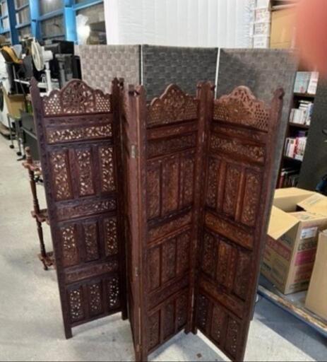 ☆オシャレな木製衝立!!☆ 4連 ウッドパーテーション 透かし彫り ビンテージ