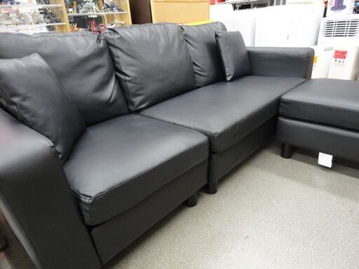 3人掛けソファ カウチソファ 幅182㎝ ブラック 合皮 オットマン付き 3P