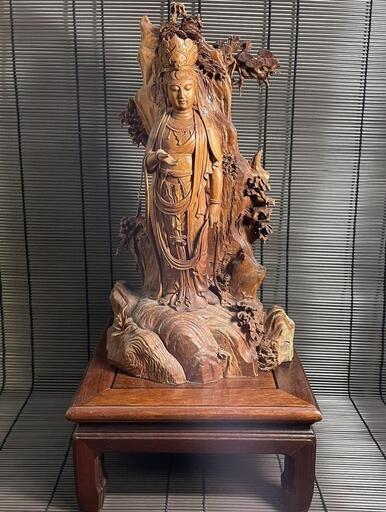 『聖観音菩薩』一刀彫　木彫り　在銘　江戸時代　骨董品