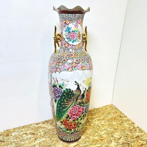 中国古美術 陶器製 金彩 孔雀 花柄 龍持ち手 大型 花瓶 ボトル型 花器 中国古美術 陶器製 金彩 孔雀 花柄 龍持ち手 大型 花瓶 ボトル型 花器