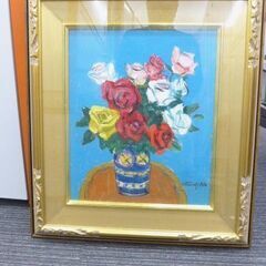 真作　阿部仁将 油絵 「ばら」1987  F8号　サイン有 裏書　額装 