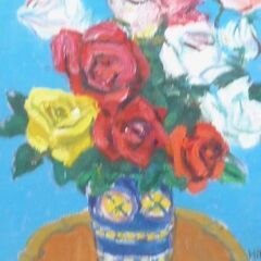 真作　阿部仁将 油絵 「ばら」1987  F8号　サイン有 裏書　額装 