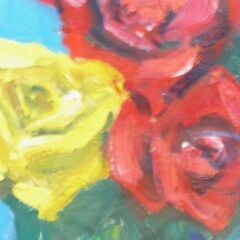 真作　阿部仁将 油絵 「ばら」1987  F8号　サイン有 裏書　額装 