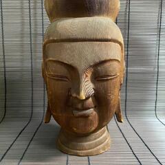 『観音菩薩像仏頭』木彫り　仏頭　一刀彫 　在銘 高さ30cm