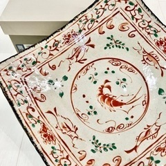 三洋陶器　龍峰窯　花風流　古赤絵正角盛鉢　大皿　陶器　縁起物