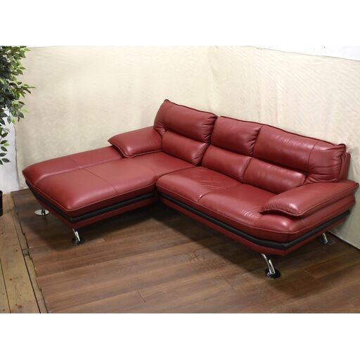 ≪yt1250ジ≫ ニトリ/nitori 3人掛けカウチソファ L字ソファ 幅約240cm 本革+合成皮革 赤黒 RD/BK ロゾ4？ 三人掛け コーナーソファ 60421-01