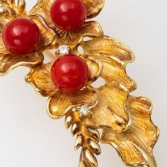 K18 珊瑚・ダイヤモンド ブローチ (ペンダント兼用) リーフモチーフ