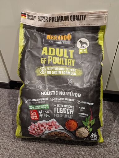 安心のドイツ産ドッグフード　BELCANDO／ベルカンド アダルトグレインフリー ポートリー 成犬用 （大粒） 4kg　賞味期限25年4月　未開封品　無添加ドッグフード　総合栄養食　ドライフード