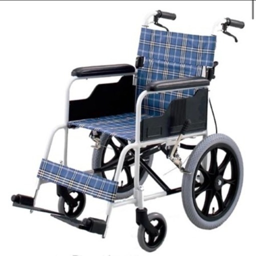 ②【美品‼️】定価77,000円♪ 日進医療器(株) アルミ製 介護用車椅子 車いす 折りたたみ式 ブルーチェック柄♪