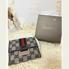GUCCI 折り財布 GGシェリーラインキャンバス レザーネイビー ホースビット