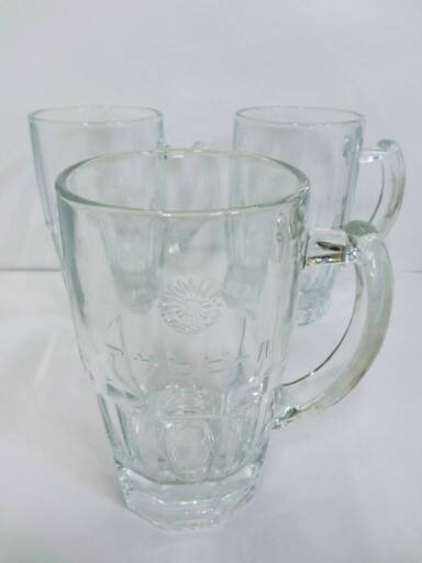 希少昭和レトロ　アサヒビール　ジョッキ3個セット　高さ15x幅14x奥行9㎝　かわいい　アンティークガラス ヴィンテージ ビンテージ 日本製
