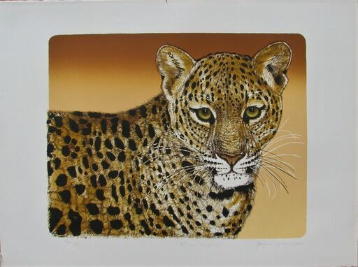 動物絵画の女流巨匠!ジャッキーマリーヴォーグ「アフリカンレパード」石版画,サイン,エディションナンバー入り,最上質,唯一の貴重石版画