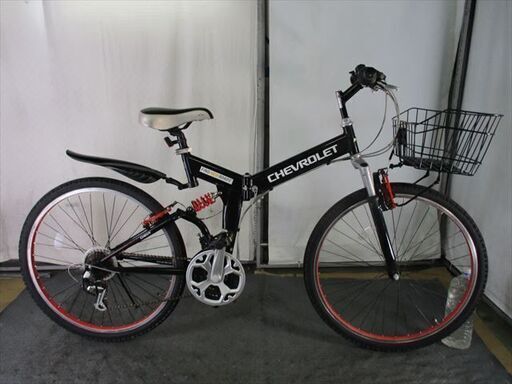 D505★16800円★　折りたたみ中古自転車　CHEVROLET　黒【26インチ　マウンテン　サス動き難あり】