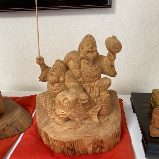 (屋久杉認定付) 七福神 恵比寿天　大黒天 置物 木彫 縁起物 座像 座布団付