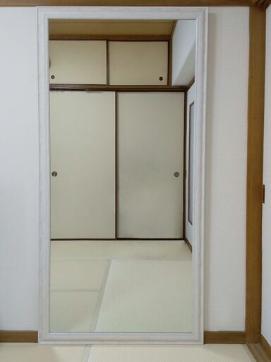 [購入者決定]大型ミラー 幅90cm×高さ180cm アンティーク調 木目調 ホワイト　ビッグミラー 全身鏡 姿見 立掛け ダンス用ミラー ジャンボミラー