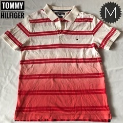 トミーヒルフィガー　ポロシャツ　M　半袖　赤　白　ボーダー　刺繍ロゴ
