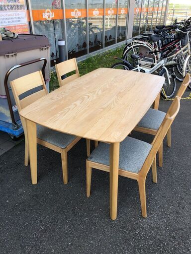 松田家具 4人用ダイニングテーブルセット 木製 ナチュラル W(幅)150×D(奥行き)84.5×H(高さ)70cm ※クリーニング済み