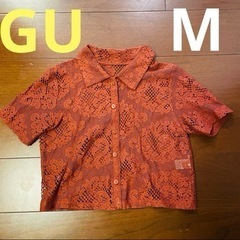 【GU】M レース編み半袖カットソー 半袖シャツ シースルー ブ...