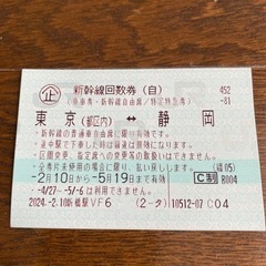新幹線回数券　東京-静岡 1枚(期限5/19)　　