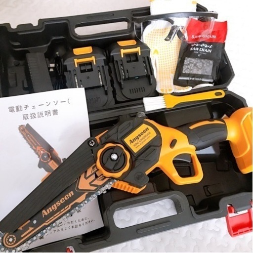 【新品未使用品】チェーンソー充電式 6インチ ブラシレスモーター ェーンソー ミニ 電動のこぎり 工具レスチェーン調整 自動給油 軽量 2つのバッテリー 2セットチェーン ポータブル 木材の切断に使用する 日本語取扱説明書付き