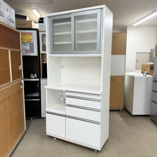 【美品‼️】定価22万♪ 高級 松田家具 100cm幅キッチンボード 食器棚 収納家具 鏡面仕上げホワイト♪