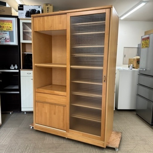 【超美品‼️】高級♪ 大川家具(ノダ工芸) 120cm幅ダイニングボード 食器棚 キッチン収納家具 木製ナチュラルブラウン♪