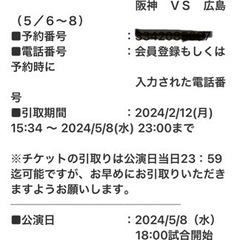 5/8　阪神vs広島戦　ライスタチケット1枚