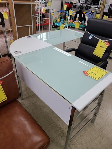 J4652　不二貿易　ガラスPCデスク Ｌ型 CT-1040　ホワイト　クリーニング済　【リユースのサカイ柏店】