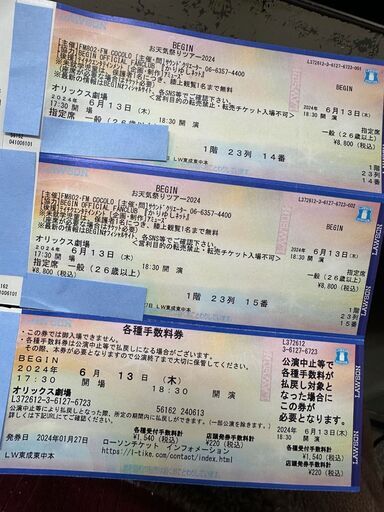 BIGIN　ライブチケット２枚　6/13