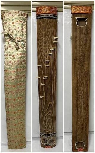 購入25万円！琴 13弦 すだれ彫り 並甲 半上角巻 全長約188cm 蒔絵金彩 鳥 屋敷 橋 十三弦箏 箏 和楽器