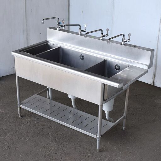 ≪yt1290ジ≫ ステンレス製 2槽ソイルドシンク ダスト槽付 幅140cm 奥行70cm 業務用 単水栓4口 修復ベース/現状品 60324-01